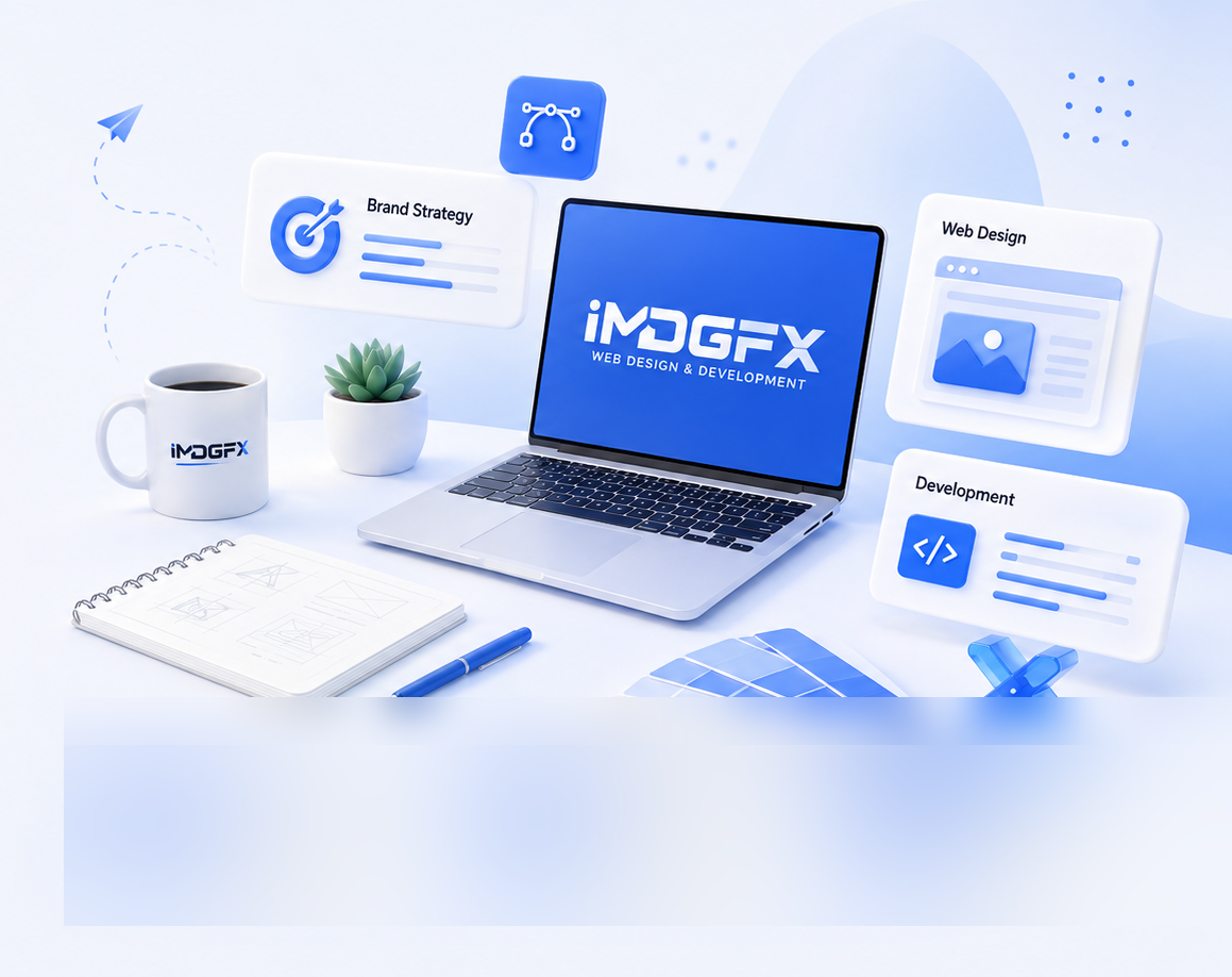 IMDGFX creative workspace — laptop, brand strategy, web design and development
